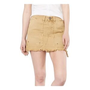 Free People Denim Utility Cargo Mini Skirt Tan‎ Camel Canvas Relaxed Raw Hem 25
